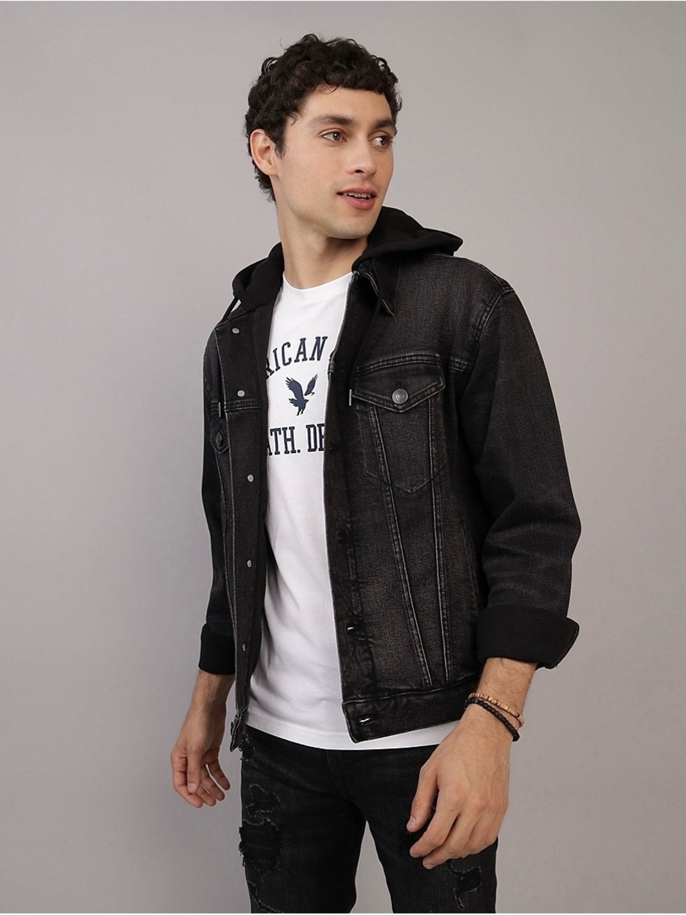 American Eagle Outfitters Black Washed Denim Hooded Trucker Jacket